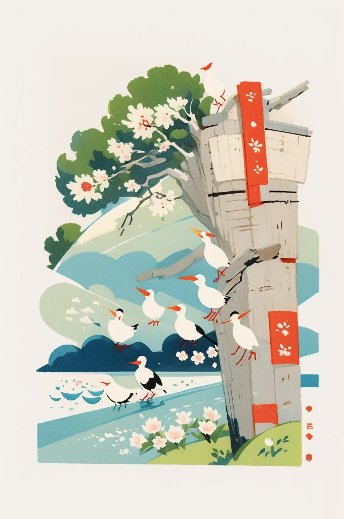 Illustration: simple woodblock printing style , Pair of cranes, peony flowers