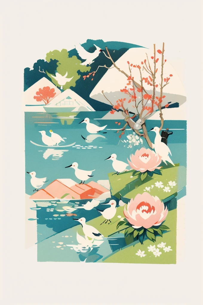 Illustration: simple woodblock printing style , Pair of cranes, peony flowers
