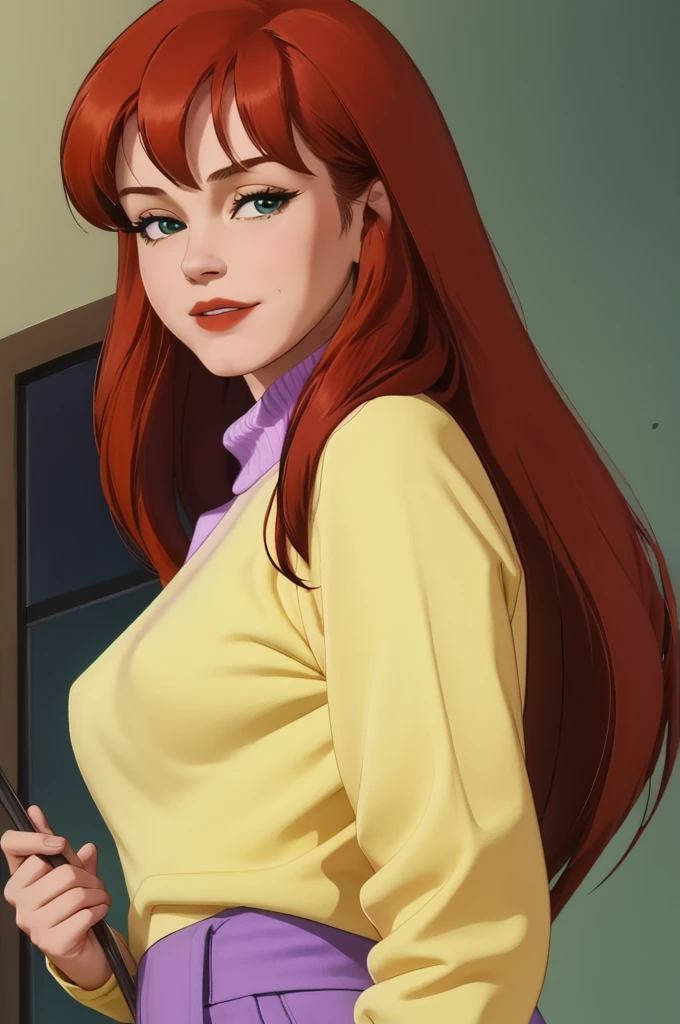 absurdres, mary jane watson, upper body, yellow sweater with purple turtleneck 