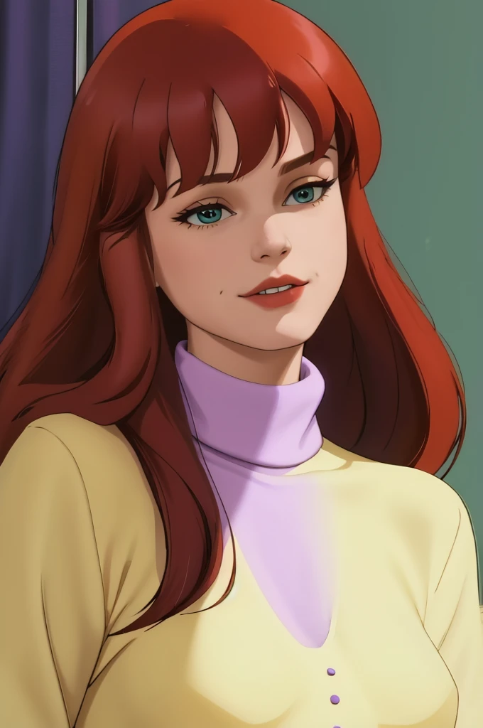 absurdres, mary jane watson, upper body, yellow sweater with purple turtleneck 