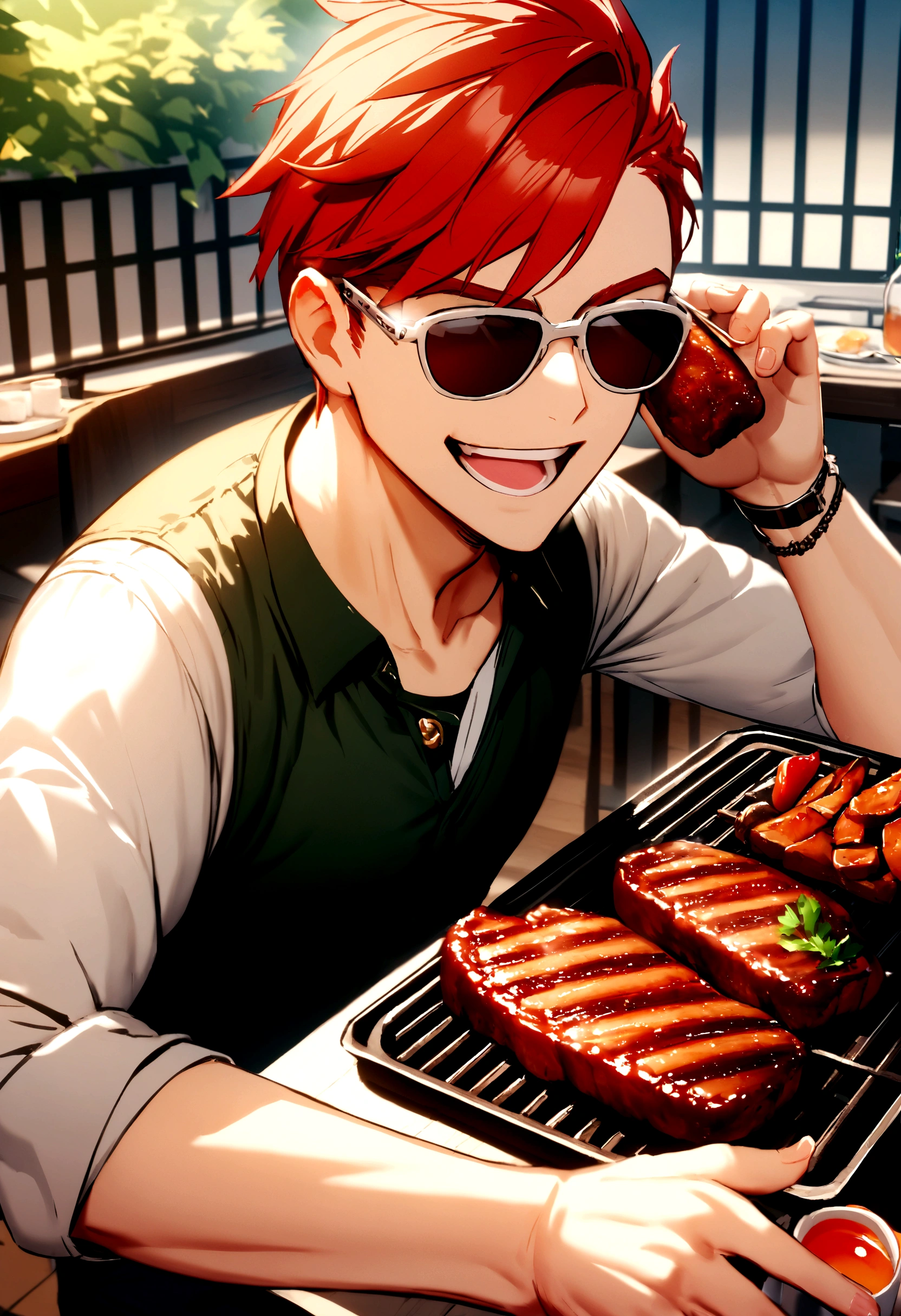 Redhead, 1 boy, fps game, Grilled meat, Sunglasses PC