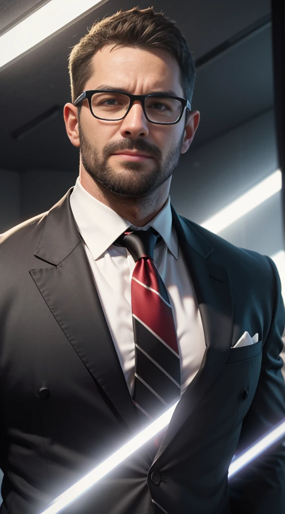 An award-winning original photo,A wild muscular man, (40 years old daddy:1.1), 1boy, Solo, (black suit), (white dress shirt), (red print necktie), (big shoulders), musculature, stubbles, Short beard, Beautiful eyes:1.3, ), (Detailed face:1.3), wearing glasses, smiles, Dynamic Angle, volumetric lighting, (Best quality, A high resolution, Photorealistic), Cinematic lighting, Masterpiece, RAW photo, Intricate details, hdr, depth of field, upper body shot