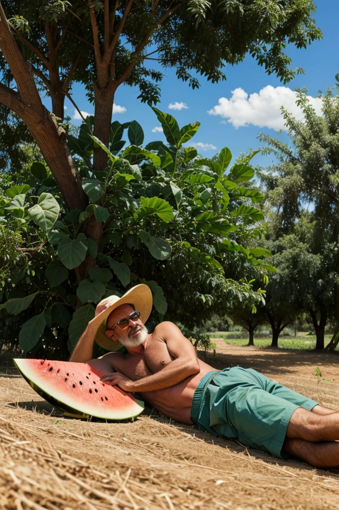 An old man lying on the watermelon field under the bot tree