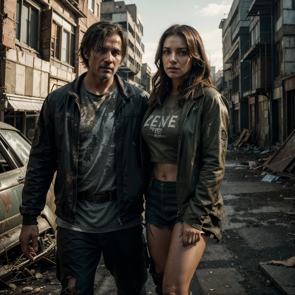 A stunning live-action, 32K, UHD, and vibrant portrait photograph of a woman and a rugged man in a post-apocalyptic cityscape. The woman, with clean and serene features, is leaning gracefully while the man, exuding confidence, stands watchfully. They are dressed in specialized military attire, adorned with equipment, giving off a Resident Evil vibe. The crumbling streets surround them, with buildings in disrepair, creating an immersive and detailed atmosphere. The photorealistic image captures the essence of a gritty, survival-based world., photo, portrait photography, vibrant
