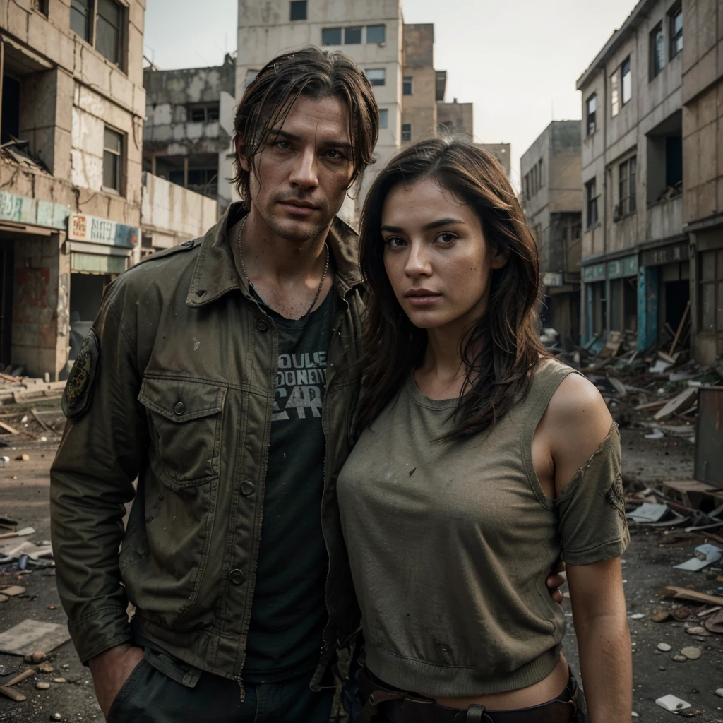 A stunning live-action, 32K, UHD, and vibrant portrait photograph of a woman and a rugged man in a post-apocalyptic cityscape. The woman, with clean and serene features, is leaning gracefully while the man, exuding confidence, stands watchfully. They are dressed in specialized military attire, adorned with equipment, giving off a Resident Evil vibe. The crumbling streets surround them, with buildings in disrepair, creating an immersive and detailed atmosphere. The photorealistic image captures the essence of a gritty, survival-based world., photo, portrait photography, vibrant