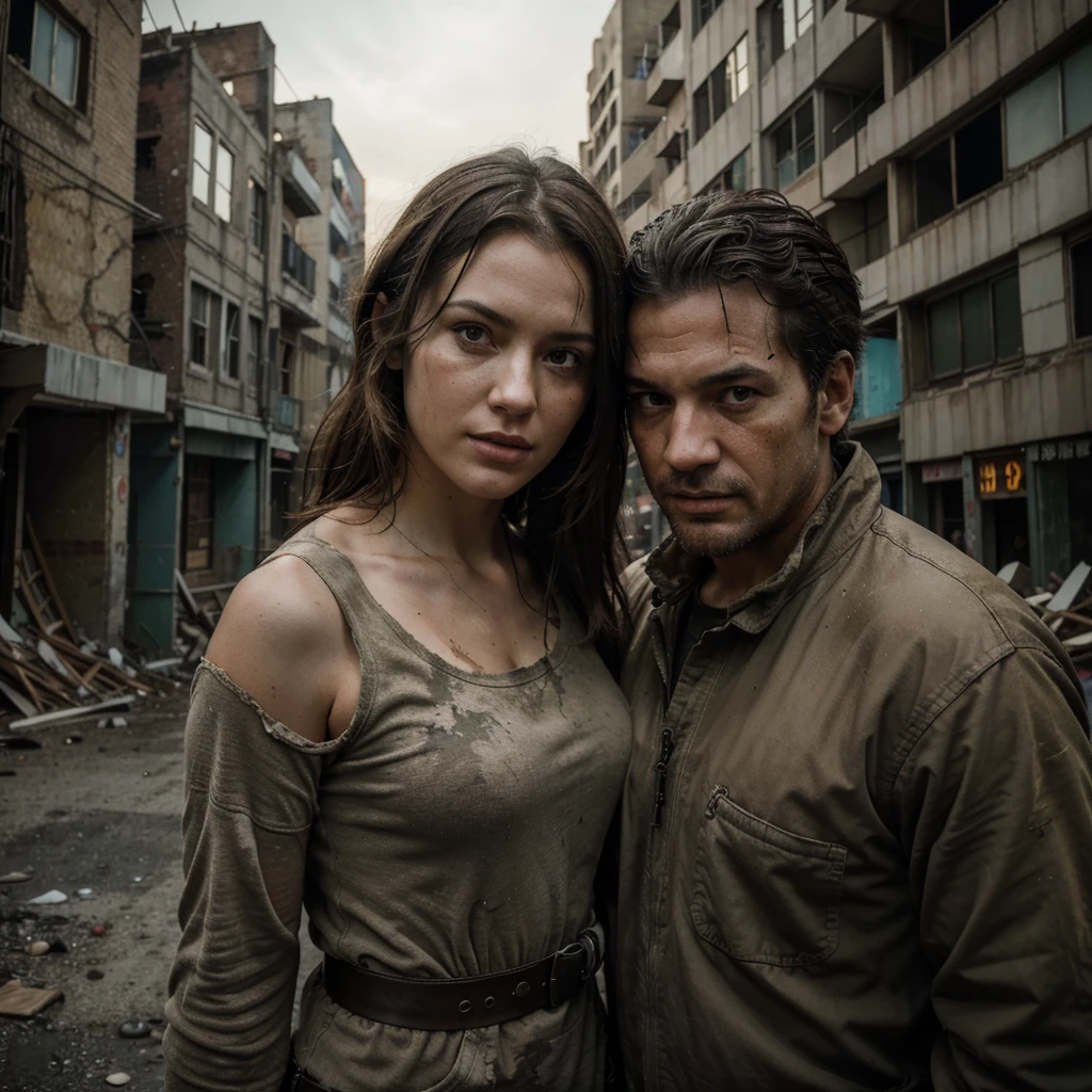 A stunning live-action, 32K, UHD, and vibrant portrait photograph of a woman and a rugged man in a post-apocalyptic cityscape. The woman, with clean and serene features, is leaning gracefully while the man, exuding confidence, stands watchfully. They are dressed in specialized military attire, adorned with equipment, giving off a Resident Evil vibe. The crumbling streets surround them, with buildings in disrepair, creating an immersive and detailed atmosphere. The photorealistic image captures the essence of a gritty, survival-based world., photo, portrait photography, vibrant
