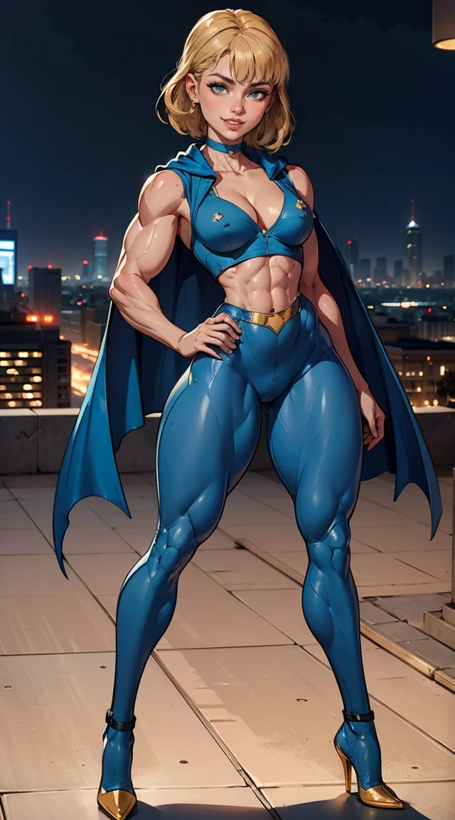 (Muscular:1.9), (thick thighs:1.8),
blonde female, (supergirl), (big smile:1.7), (blunt bangs), (ponytail:0.8),
earrings, lipstick, eyeshadow,
hard nipples, (small breasts:2),
(blue sleeveless fullbodysuit, cleavage, midriff:1.9), (small cape:1.3), (choker:1.2), (active pose:1.5),
looking at viewer, three quarter view, (upper body view),
(skyline background:1.2), rim lighting, two tone lighting, dim lighting, bokeh, detailed skin, detailed eyes