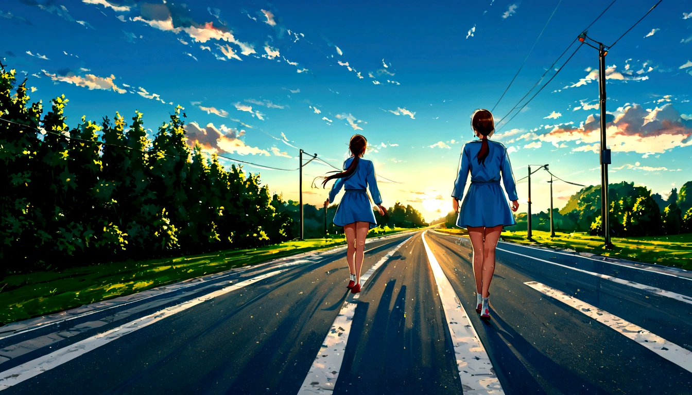 score 9, source anime, wide shot, multiple girls, Women marathoners running on the road while the roadside is packed with spectators, dynamic angle, perfect face, playful expression, low ponytail, sweat, outdoor, blue sky, shiny day, dramatic lighting, cinematic, best quality, 8k, masterpiece, ultra-detailed,