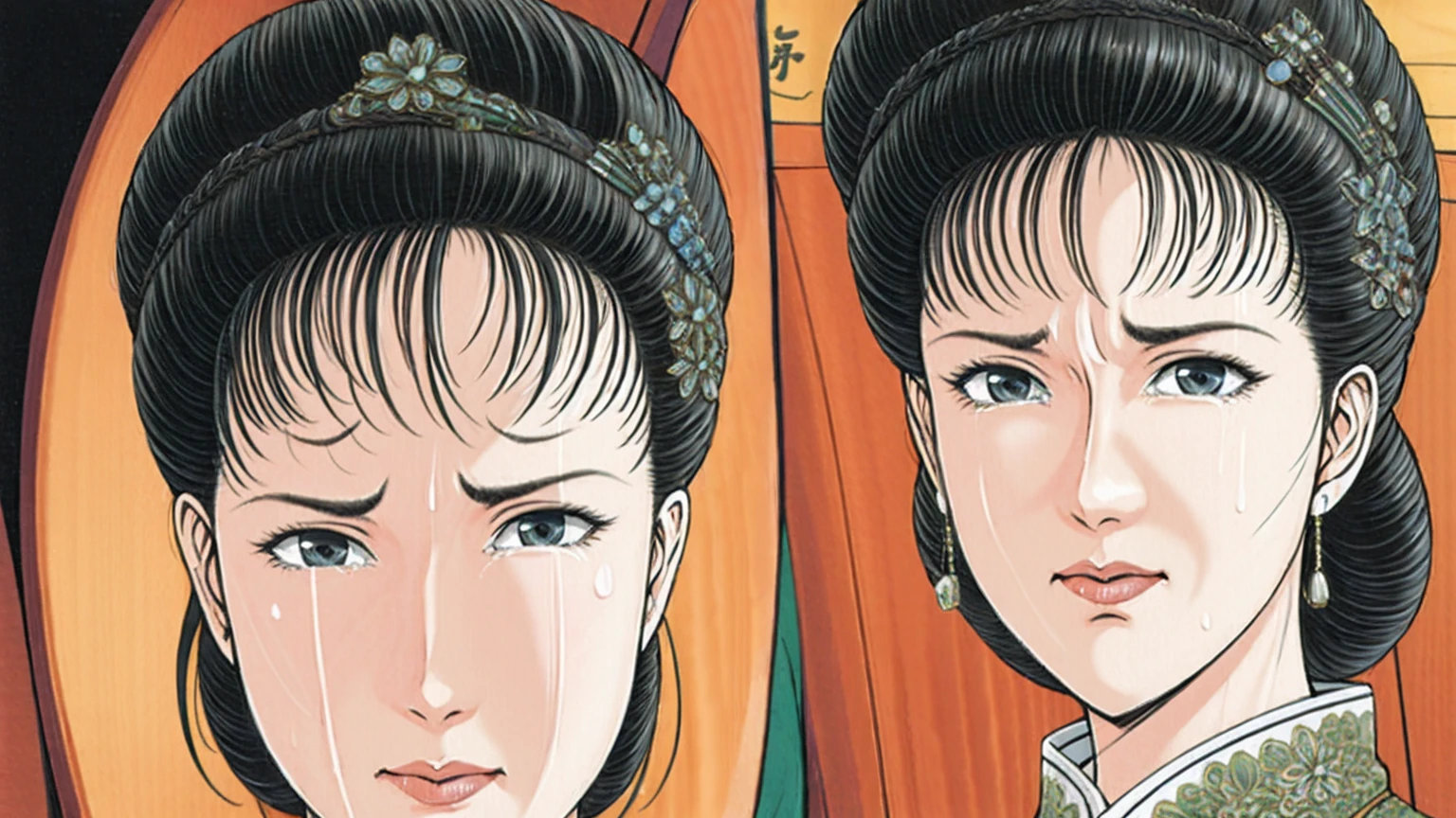 (best quality), (very aesthetic), (ultra-detailed), (best illustration),(a mature female),(perfect face),Suikoden,Mrs. Lin,(((NSFW))),((full_body)),((full_Nude)),(crying),red cheek,sweating,skinny,flushed skin,(Woman with pubic hair),(Lying face down on the bed),(Crying on the bed with her face buried in the pillow),traditional Chinese bedroom,front view