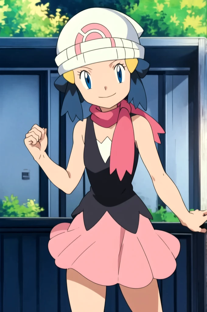 masterpiece, Highest quality, High resolution, One girl, alone, dawn (Pokemon), Pink scarf, Black Shirt, Pink Skirt, Have, Outdoor, Bare shoulders, smile