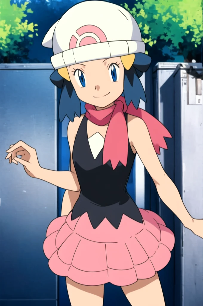 masterpiece, Highest quality, High resolution, One girl, alone, dawn (Pokemon), Pink scarf, Black Shirt, Pink Skirt, Have, Outdoor, Bare shoulders, smile