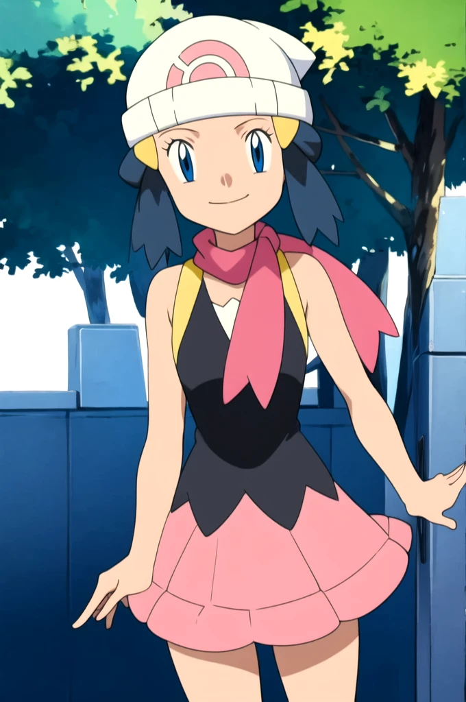 masterpiece, Highest quality, High resolution, One girl, alone, dawn (Pokemon), Pink scarf, Black Shirt, Pink Skirt, Have, Outdoor, Bare shoulders, smile