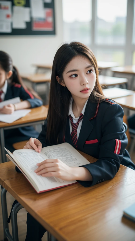 Tabletop, Highest quality, figure, Super detailed, In detail, High resolution, 8k wallpaper, Perfect dynamic composition, Beautiful attention to detail, Natural Lip,Wear a uniform、Blurry school background