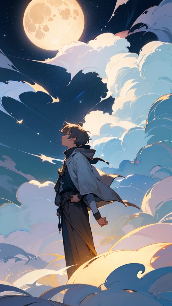 Create a serene, nocturnal landscape where billowing clouds fill the sky. The scene is illuminated by countless stars, and a boy stands beside his faithful dog, gazing up at a luminous, full moon. The soft, dreamy atmosphere captures a sense of wonder and companionship under the vast night sky.