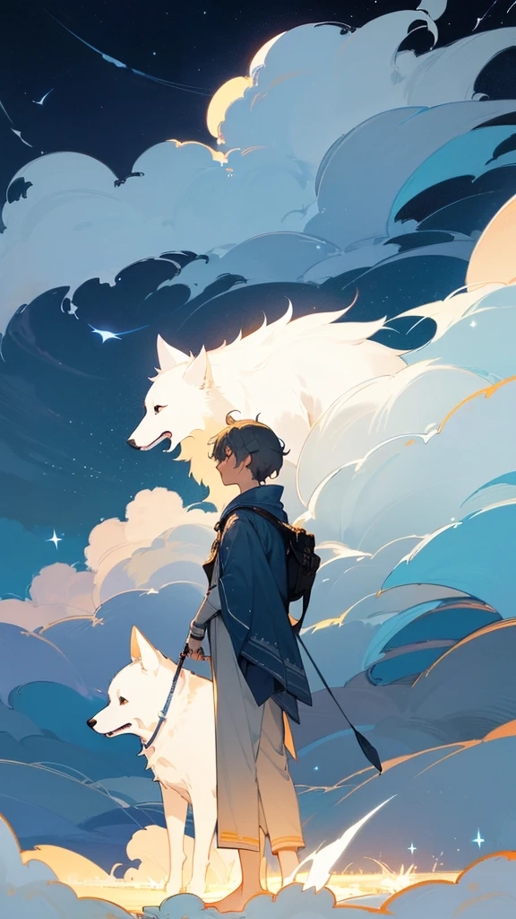 Create a serene, nocturnal landscape where billowing clouds fill the sky. The scene is illuminated by countless stars, and a boy stands beside his faithful dog, gazing up at a luminous, full moon. The soft, dreamy atmosphere captures a sense of wonder and companionship under the vast night sky.