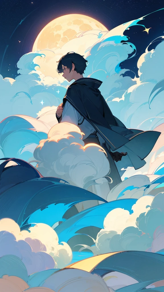 Create a serene, nocturnal landscape where billowing clouds fill the sky. The scene is illuminated by countless stars, and a boy stands beside his faithful dog, gazing up at a luminous, full moon. The soft, dreamy atmosphere captures a sense of wonder and companionship under the vast night sky.