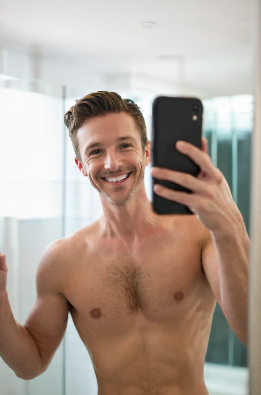 Noah beck naked with long dick and shirtless with a smile and taking a mirror picture