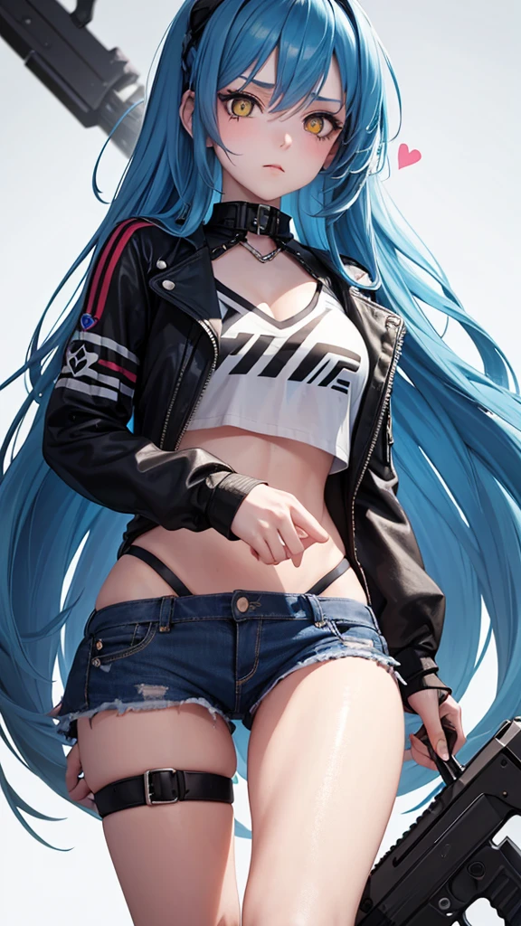 A girl, blue hair, yellow eyes, long hair, forehead, punk-girl (grs-), gun to head, {heart shaped pupils},From below, above the thighs, Empire