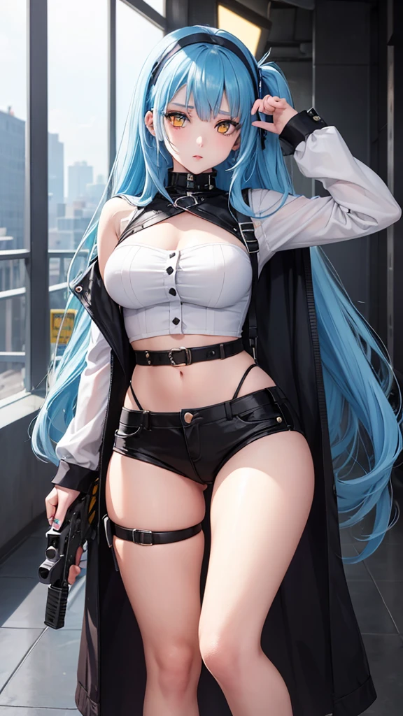A girl, blue hair, yellow eyes, long hair, forehead, punk-girl (grs-), gun to head, {heart shaped pupils},From below, above the thighs, Empire