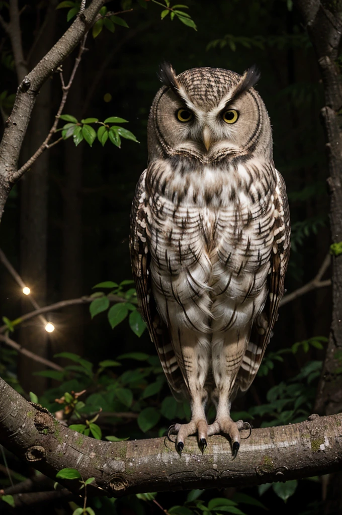 AN OWL IN THE MIDDLE OF THE FOREST ON A NIGHT WATCHING FOR A MOUSE THE OWL IS STANDING ON A BRANCH IT IS VERY FAR BUT IT IS AT NIGHT