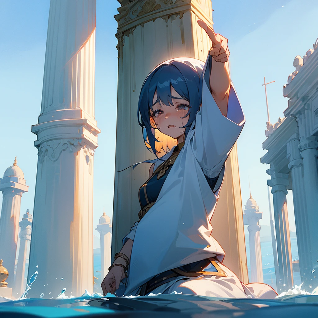 female, crying whilst looking at the sky, over a giant column of water, in the middle of the ocean, giant temple, pointing at the sky