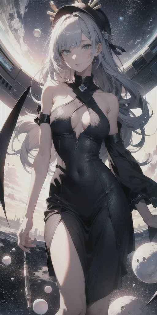 absurd res, high res, (masterpiece:1.4), ultra-detailed, 1girl, from above, space, floating
