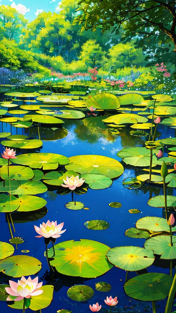Anime Landscape,summer,lotus,pond,Sunlight
