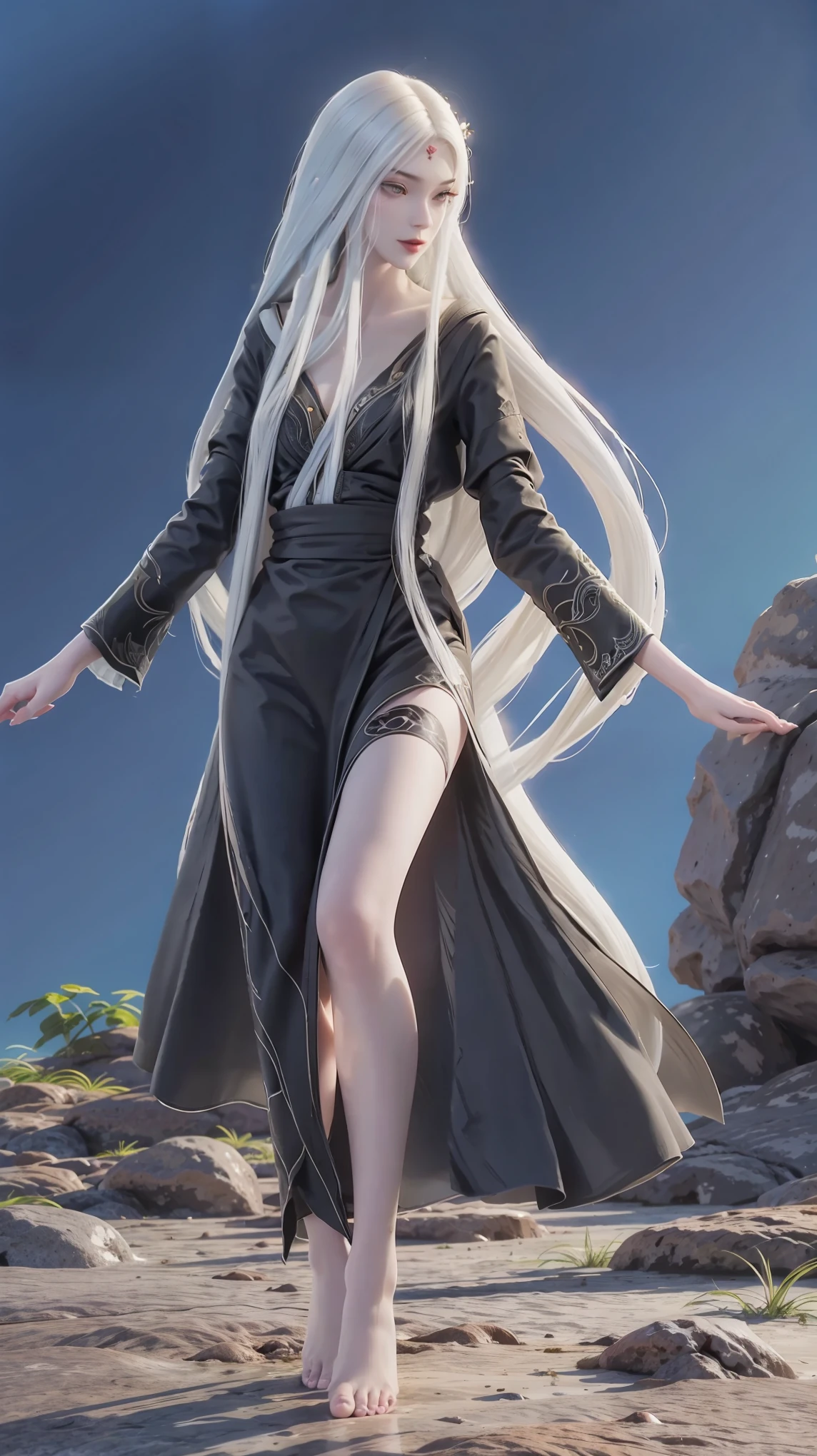 ((Biologically correct number of limbs))、(( Full body illustration from toes to face))、4K、masterpiece、((The eyes are delicately painted、Facial details、Focus on the face))、((Symmetrical, Balanced facial features))、Beautiful woman、Outstanding style、Beautiful clavicle、Beautiful legs、beautiful hands、slim body、(shirt、skirt、barefoot)、look up、High Angle、Background is night city、((Walking posture)),Red toenails,White long hair,Black robe