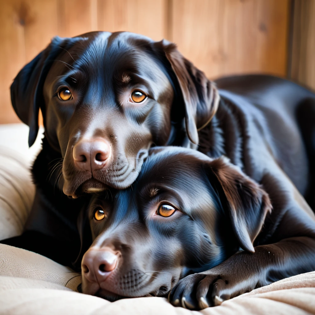 high resolution　high quality　wonderful　Uplifting　　reality　cute　fat　round　Black Labrador　Brown Labrador　Two horses　Snuggling　Adorable　sleeping face　smile　Round eyes