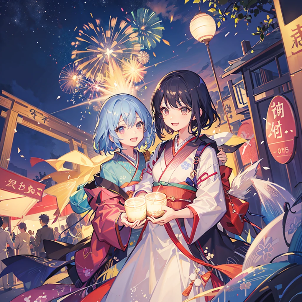 Couple,(Boy 1:Girl 1)Lovely,Date,Love love,smile,Fleeting,romantic,atmosphere,landscape,firework,Night Sky,たくさんのfirework,summerfestival,turn around,Girl is wearing a kimono,Hand in hand,Night Skyに美しいfirework,たくさんのfirework,綺麗なNight Sky,summer,festival,Young people,Throb