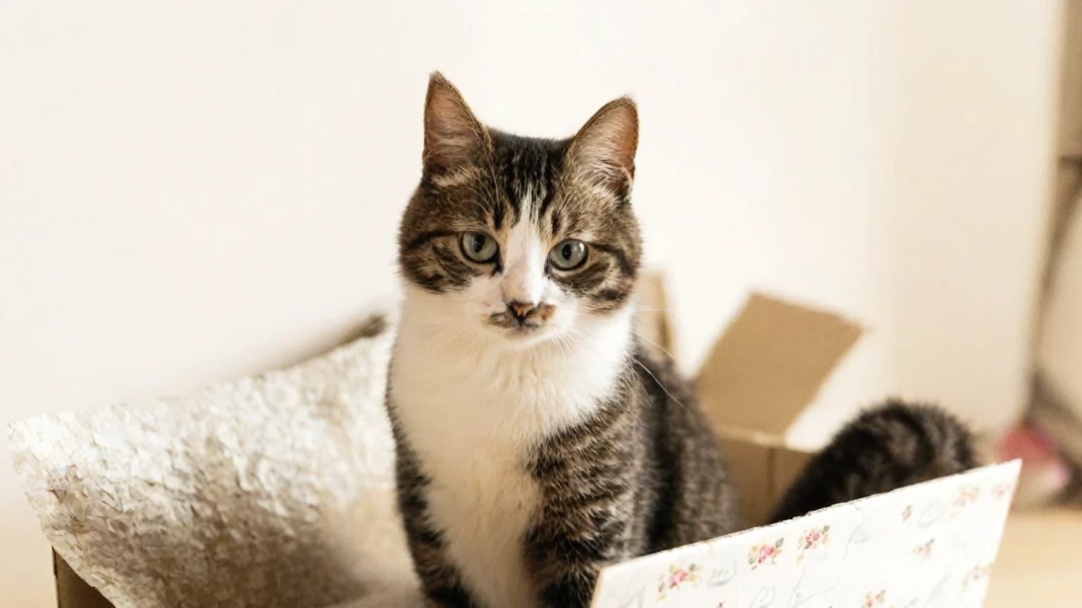 there is a Cat sitting in a box with a piece of paper, photo of a Cat, Cat photo, cute Cat photo, a cute Cat, Cat, cute Cat, Handsome, a Cat sitting in a chair, Cat portrait, Cat photography, April Photos, Cat female with a whit and chest, Cool girl, sora as a Cat