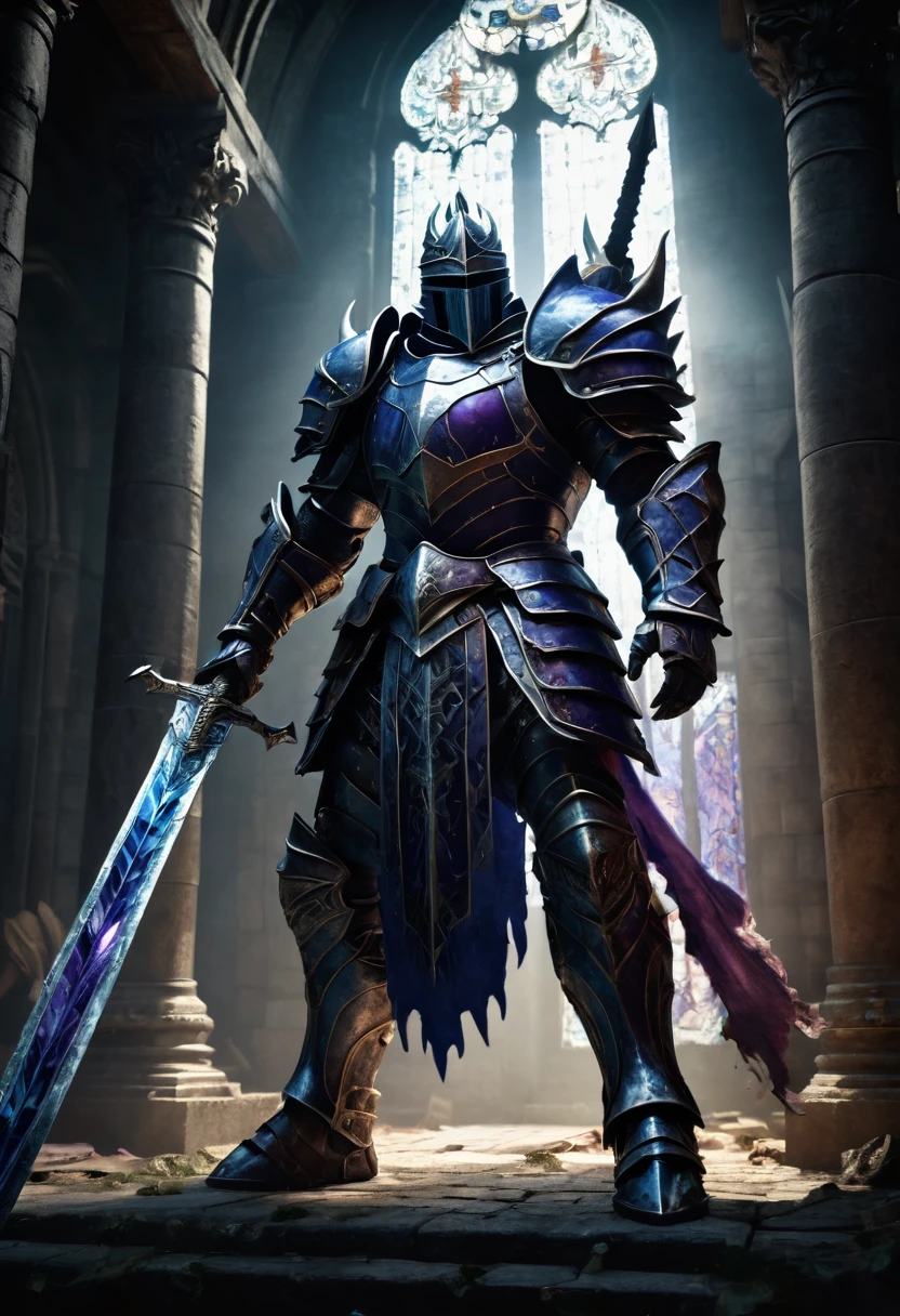 First-person perspective: armored knight wielding massive sword confronts grotesque monster in crumbling, shadowy temple. Dramatic chiaroscuro lighting emphasizes gleaming armor and beast's gnashing teeth. Cinematic composition with extreme close-ups and dynamic angles. Intricate details: etched runes on blade, monster's oozing wounds. Shafts of moonlight pierce stained-glass windows. Muted color palette: deep blues, rich purples, glinting silvers. Photorealistic 8K rendering.
```