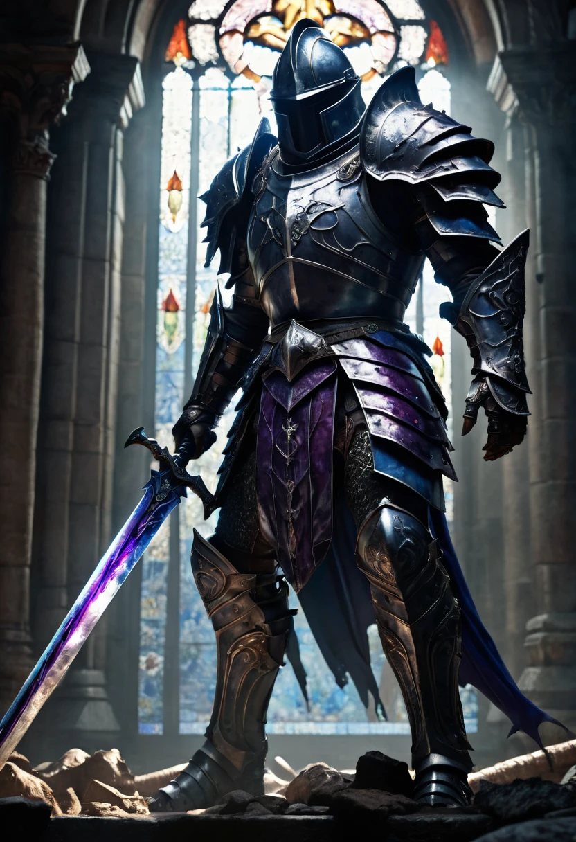 First-person perspective: armored knight wielding massive sword confronts grotesque monster in crumbling, shadowy temple. Dramatic chiaroscuro lighting emphasizes gleaming armor and beast's gnashing teeth. Cinematic composition with extreme close-ups and dynamic angles. Intricate details: etched runes on blade, monster's oozing wounds. Shafts of moonlight pierce stained-glass windows. Muted color palette: deep blues, rich purples, glinting silvers. Photorealistic 8K rendering.
```