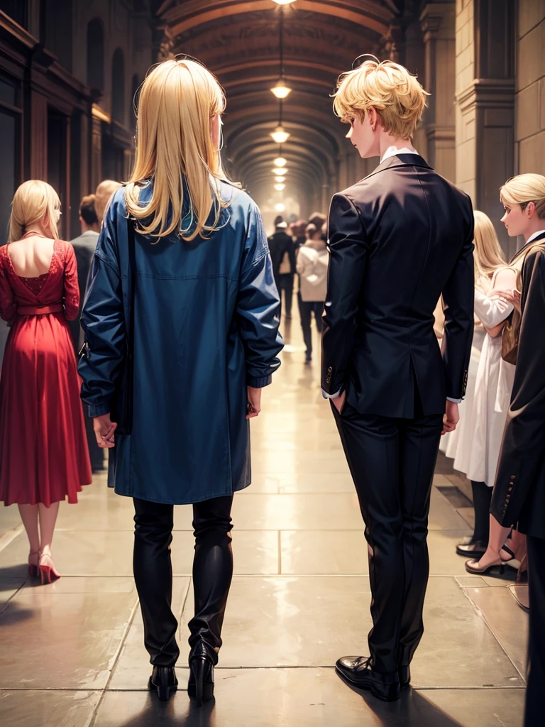 A blonde girl standing while facing towards camera, beautiful blonde girl, a boy standing facing towards girl, handsome ((boy's back towards camera))