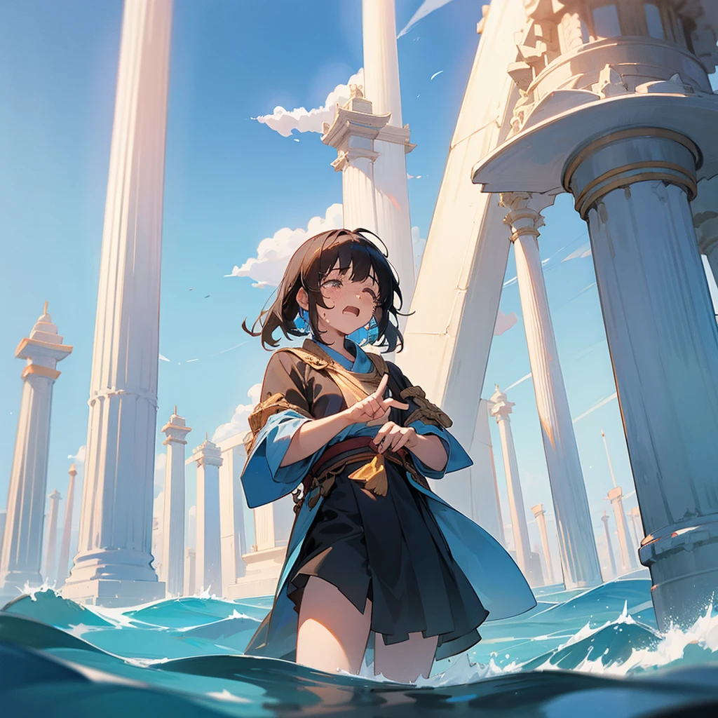 female, crying whilst looking at the sky, over a giant column of water, in the middle of the ocean, giant temple, pointing at the sky