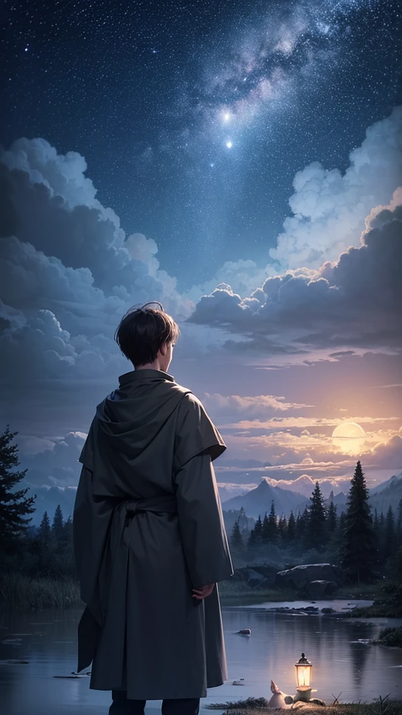 Create a serene, nocturnal landscape where billowing clouds fill the sky. The scene is illuminated by countless stars, and a boy stands beside his faithful dog, gazing up at a luminous, full moon. The soft, dreamy atmosphere captures a sense of wonder and companionship under the vast night sky.
