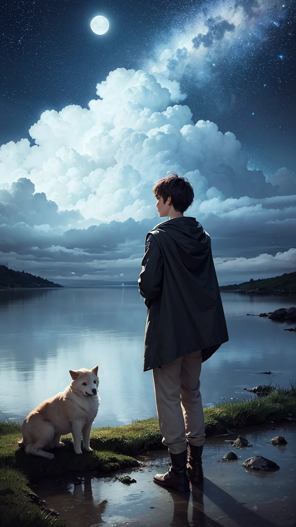 Create a serene, nocturnal landscape where billowing clouds fill the sky. The scene is illuminated by countless stars, and a boy stands beside his faithful dog, gazing up at a luminous, full moon. The soft, dreamy atmosphere captures a sense of wonder and companionship under the vast night sky.