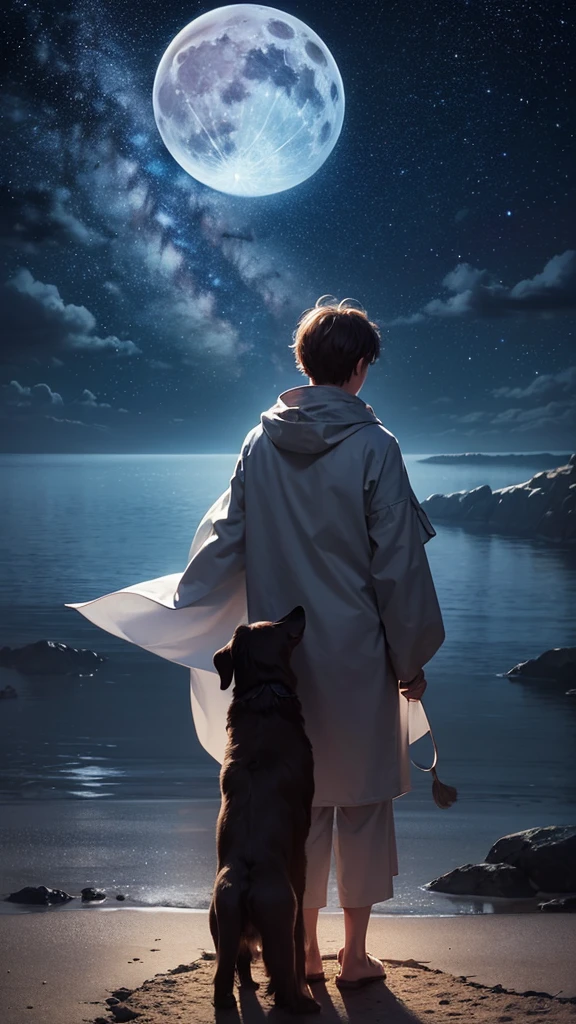 Create a serene, nocturnal landscape where billowing clouds fill the sky. The scene is illuminated by countless stars, and a boy stands beside his faithful dog, gazing up at a luminous, full moon. The soft, dreamy atmosphere captures a sense of wonder and companionship under the vast night sky.