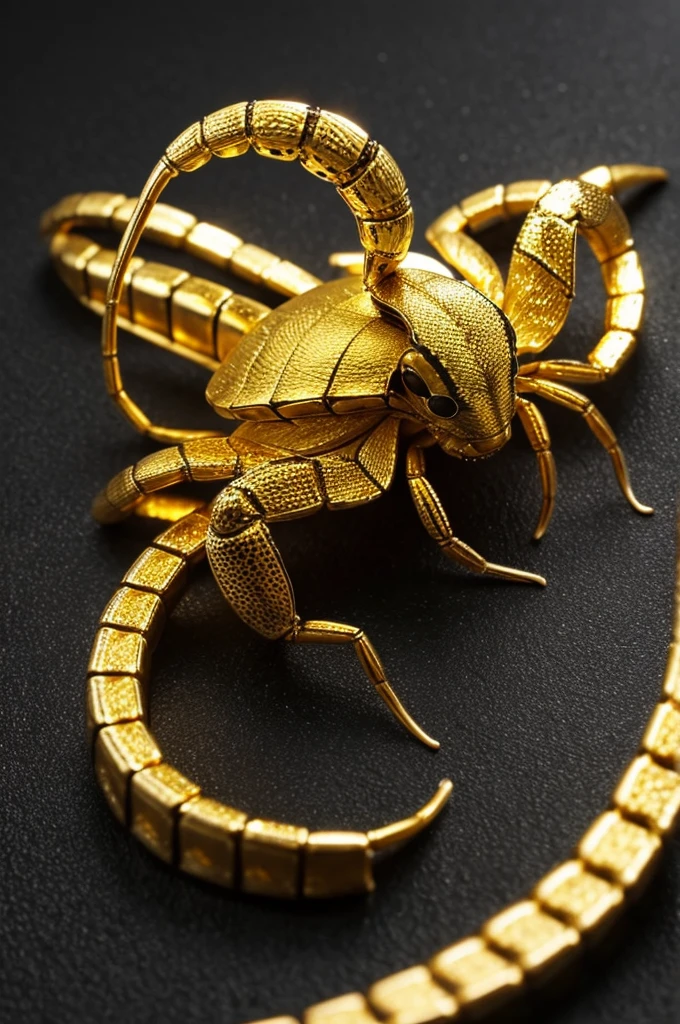 Hello, I want the image of a beautiful scorpion that is well formed, and behind him there are many silver and gold lights