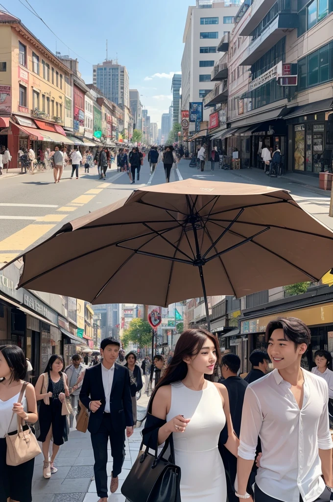 Here's the revised prompt with the addition of "beautiful faces":
- Generate an image featuring a Korean-style handsome man and beautiful woman.
- They meet each other on a bustling city street during the daytime.
- The woman is elegantly dressed in a one-piece dress.
- The man is wearing a crisp white shirt.
- Capture their beautiful faces as they face each other, creating a moment of initial connection or surprise.
- Ensure the city street setting is vibrant, with pedestrians and urban elements adding to the lively atmosphere of the encounter.