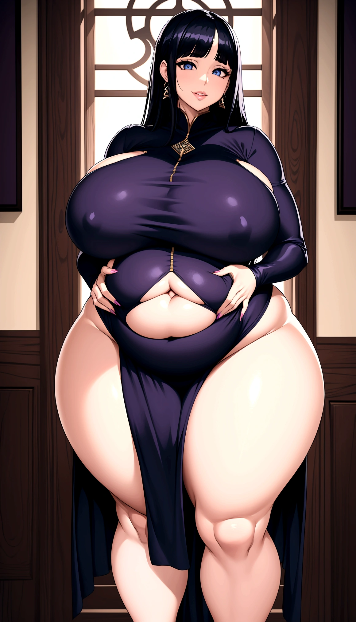 ((high aesthetic)), art by kipteitei, absurdres, absurd resolution, highly rated, highres, art by kipteitei, high resolution, best quality, masterpiece, full body, (facing viewer), 1girl, ((solo)), indoors, clothed, perfect face, perfect eyes, neneneji, tight outfit, smile, natural skin texture, 4k textures, hdr, intricate, highly detailed, puffy lips, thick lips, hyperdetailed, mature female, black hair, long hair, straight hair, bangs, parted bangs, blue eyes, purple dress, jewelry, weightobese(wide hips, bloated belly, massive thighs, big breasts, gigantic ass), bottomheavy