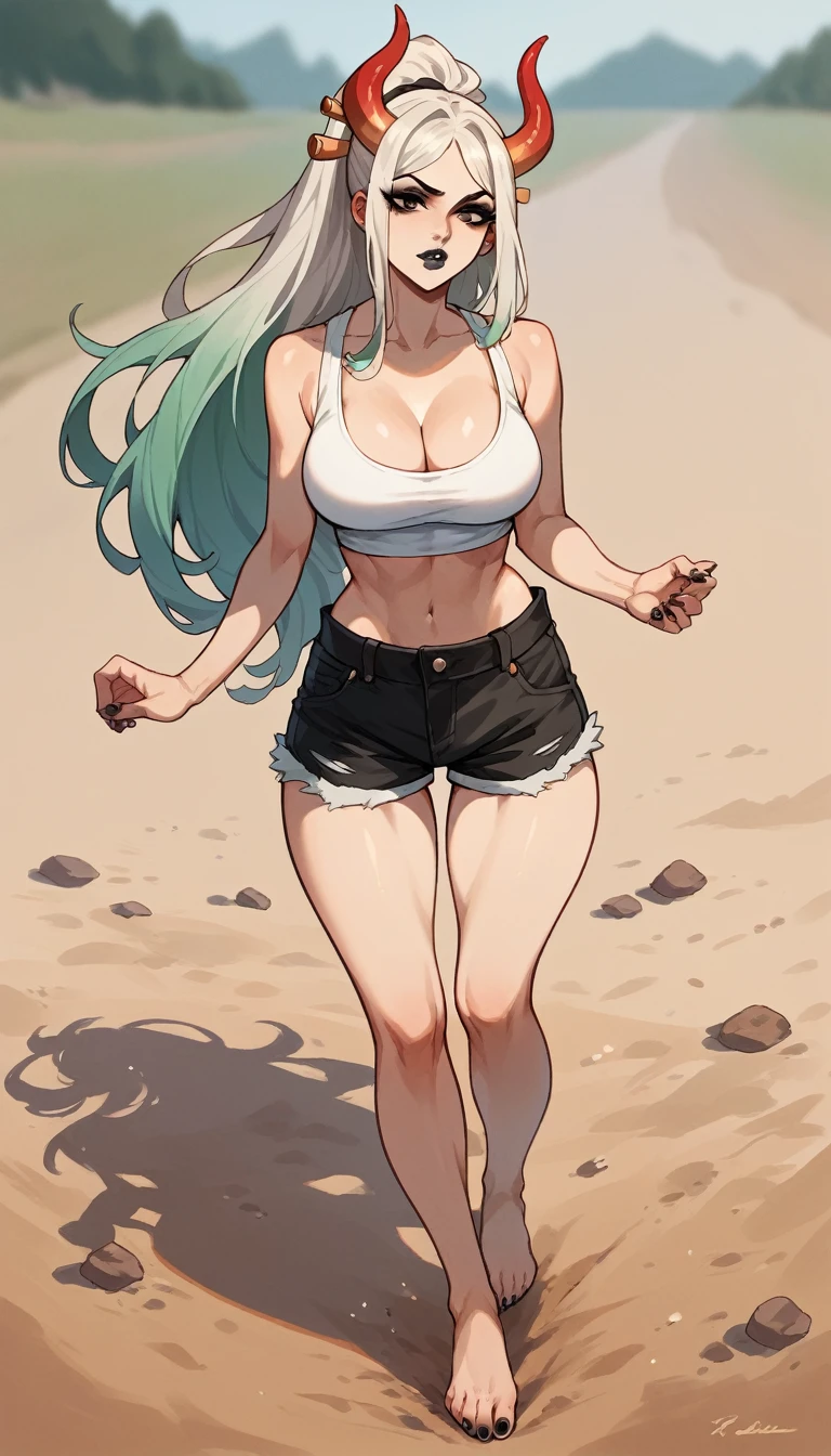 Yamato, barefoot, white crop-top, short shorts, cleavage, black lipstick, black eyeliner, black nails, dirt road, countryside 