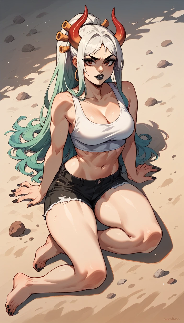 Yamato, barefoot, white crop-top, short shorts, cleavage, black lipstick, black eyeliner, black nails, dirt road, countryside 