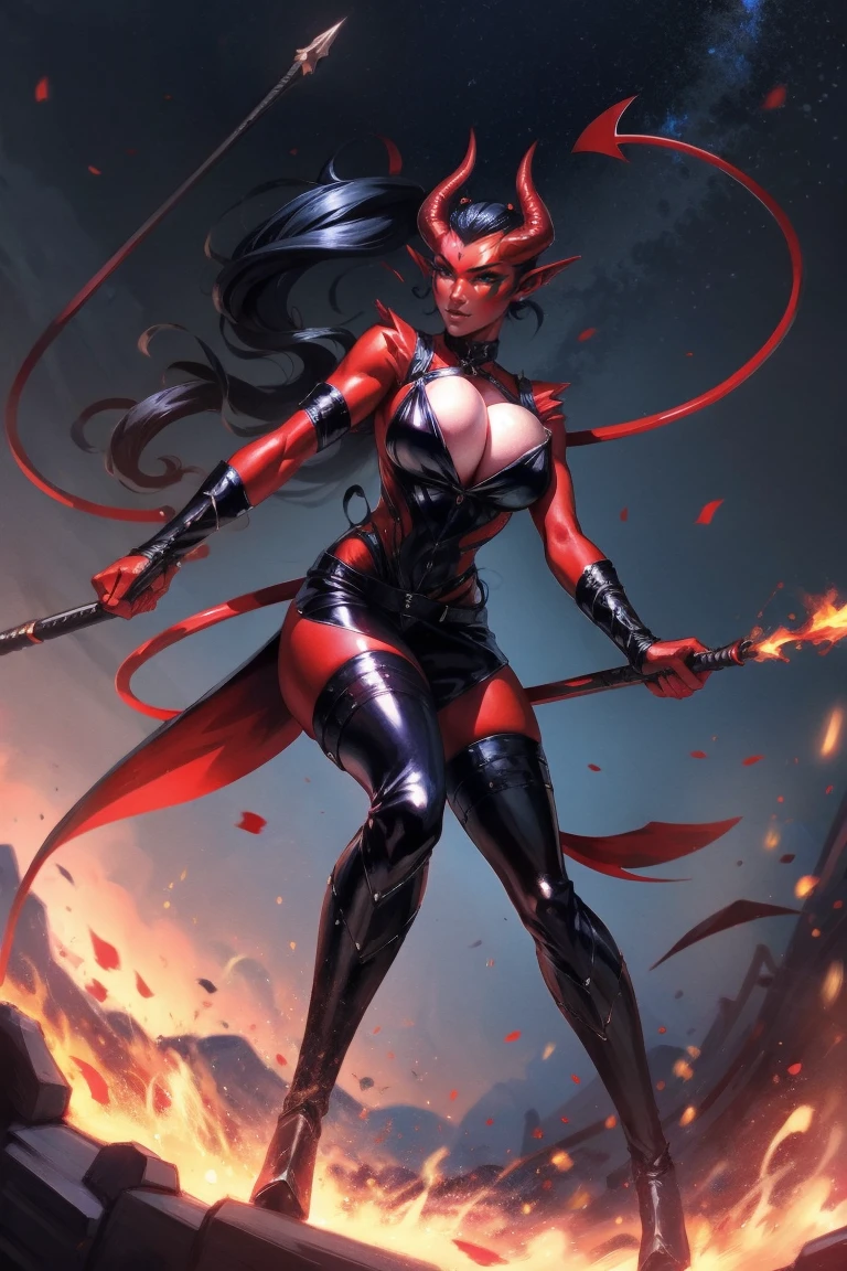 Red skin succubus tiefling, medium breasts, black horns, wings, huge tail, black leather, tall, toned, graceful, thin, long black ponytail. Action scene, whip. Dark scene, explosions, night sky.