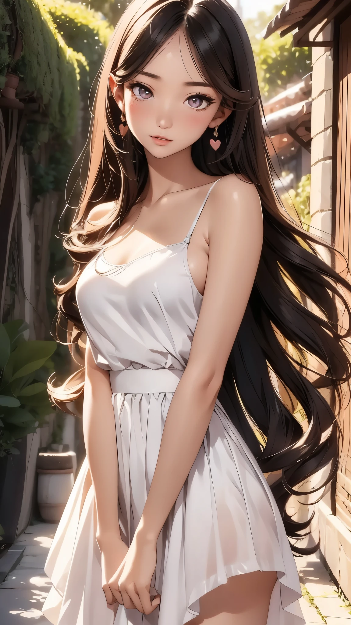 1 lady, Beautiful asian lady, Long straight hair, beautiful face, detailed face, delicate eyes, detailed pupil, beautiful and delicate lips, white camisole long skirt, Simple and stylish, hand drawn animation, high detailed, outdoor, blush, shy, heart, in love, symmetrical clothes, best quality, masterpiece, retina