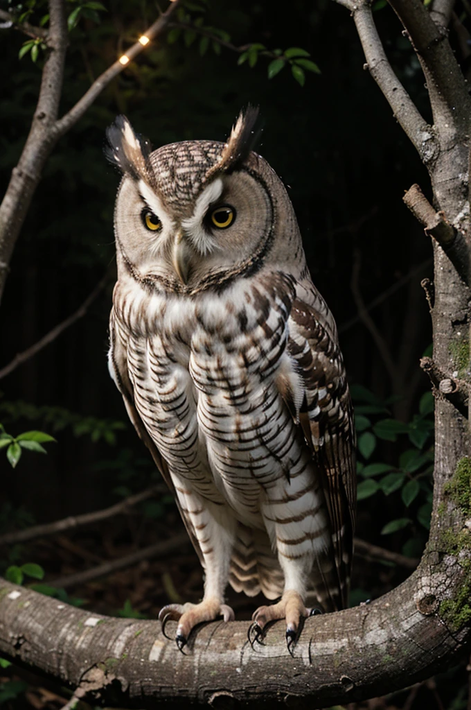 THE OWL ON ONE SIDE OF THE FOREST ON A NIGHT LOOKING FOR A MOUSE THE OWL IS STANDING ON A BRANCH IT IS VERY FAR BUT IT IS AT NIGHT