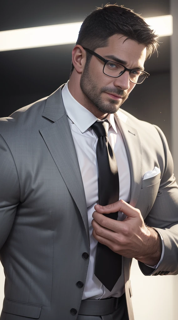 An award-winning original photo,A wild muscular man, (40 years old daddy:1.1), 1boy, Solo, (black suit), (white dress shirt), (red print necktie), (big shoulders), musculature, stubbles, Short beard, Beautiful eyes:1.3, ), (Detailed face:1.3), wearing glasses, smiles, Dynamic Angle, volumetric lighting, (Best quality, A high resolution, Photorealistic), Cinematic lighting, Masterpiece, RAW photo, Intricate details, hdr, depth of field, upper body shot