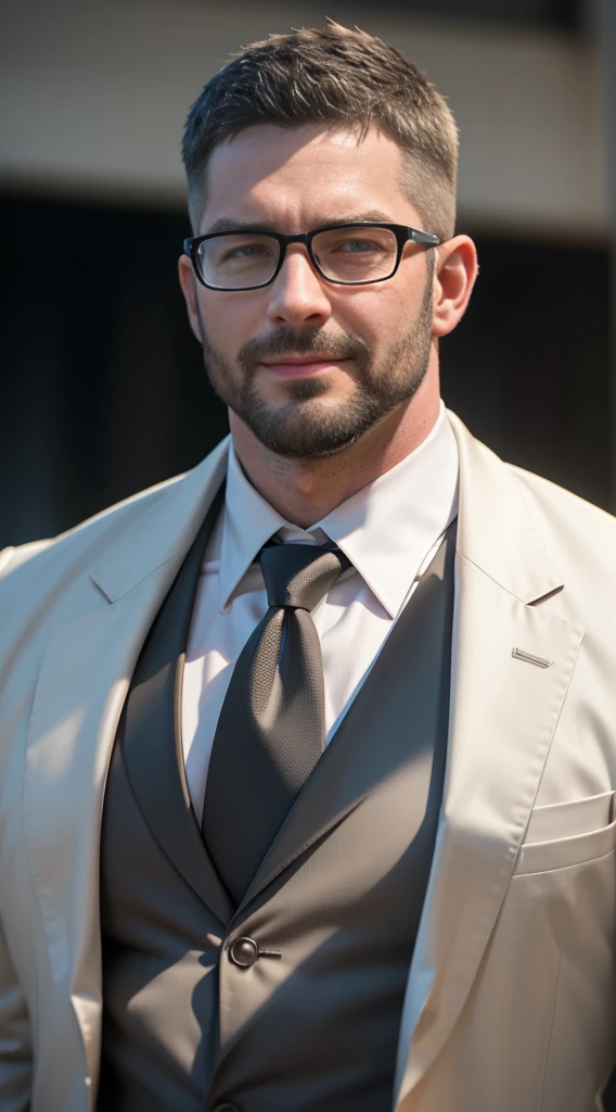 An award-winning original photo,A wild muscular man, (40 years old daddy:1.1), 1boy, Solo, (black suit), (white dress shirt), (red print necktie), (big shoulders), musculature, stubbles, Short beard, Beautiful eyes:1.3, ), (Detailed face:1.3), wearing glasses, smiles, Dynamic Angle, volumetric lighting, (Best quality, A high resolution, Photorealistic), Cinematic lighting, Masterpiece, RAW photo, Intricate details, hdr, depth of field, upper body shot