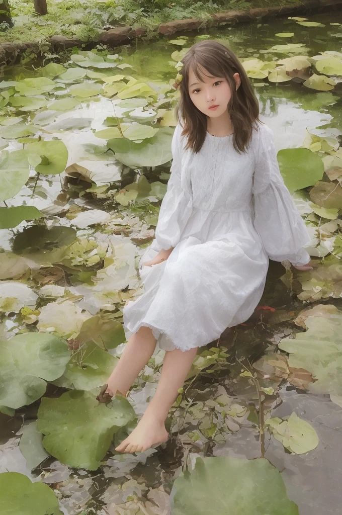There is a girl sitting on a leaf, (white clothes), fresh color scheme, there is a plush toy, Guvez style artwork, popular on cgstation, illustrated by Li Song, soft anime, lying on a water lily mat, sitting on a lotus flower, cute and meticulous digital art, cute art style, in the pond, Yang J, cute digital art, Guvitz, sitting by the pond
