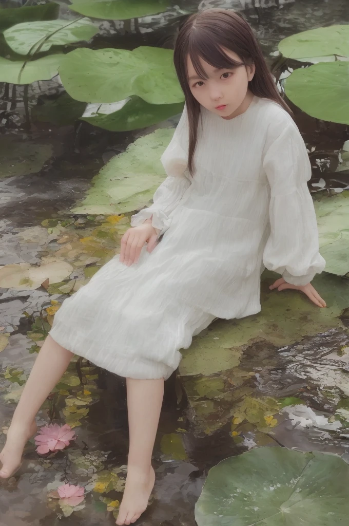 There is a girl sitting on a leaf, (white clothes), fresh color scheme, there is a plush toy, Guvez style artwork, popular on cgstation, illustrated by Li Song, soft anime, lying on a water lily mat, sitting on a lotus flower, cute and meticulous digital art, cute art style, in the pond, Yang J, cute digital art, Guvitz, sitting by the pond
